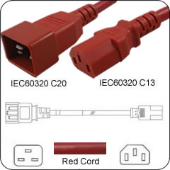 C20 Plug Male to C13 Connector Female 1 Feet 15 Amp 14/3 SJT 250v Power Cord- Red