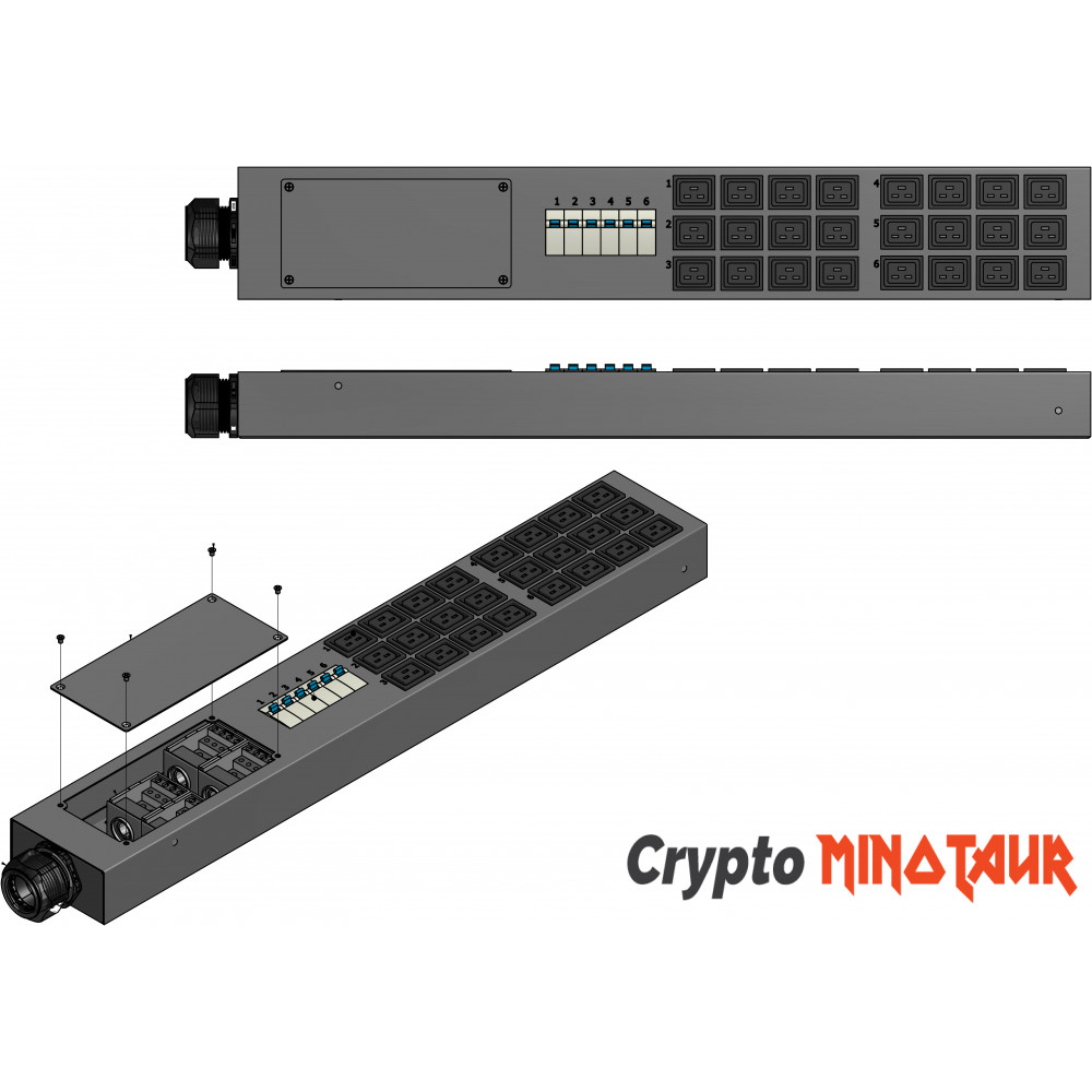 Crypto Minotaur, 384 Amps, 3 Phase 240/415V WYE Input, 0U, 24 x C-19, ETL listed