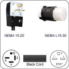 Plug Adapter NEMA 15-20 Plug to L15-30 Connector 1 Foot Cord
