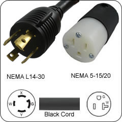 Plug Adapter NEMA L14-30 Plug to 5-15/20 Connector 1 Foot Cord
