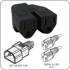IEC 60320 C14 Plug to 2 x NEMA 5-15 Connector Block Adapter