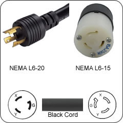 L6-20P to L6-15R Adapter Cable - 1'