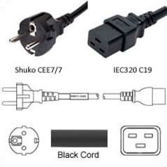 Schuko CEE 7/7 to IEC320 C19 - 15A - Power Cord - 2 Meters