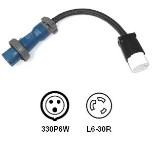 IEC 60309 Pin and Sleeve 330P6W to NEMA Locking L6-20R Power Cord Plug Adapter