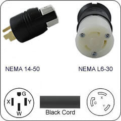 Plug Adapter NEMA 14-50 Plug to L6-30 Connector 1 Foot Cord