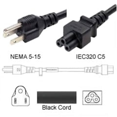 NEMA 5-15P to IEC C5 2.5A 250V Black 15 Feet