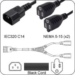 IEC320 C14 to 2x NEMA 5-15R Splitter- 10Amp 18awg - 2 Ft