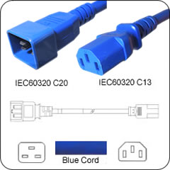 C20 Plug Male to C13 Connector Female 12 Feet 15 Amp 14/3 SJT 250v Power Cord- Blue