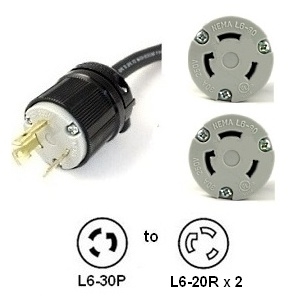 L6-30P to 2x L6-20R Y Splitter Power Cord