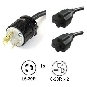 L6-30P to 2x 6-20R Y Splitter Power Cord