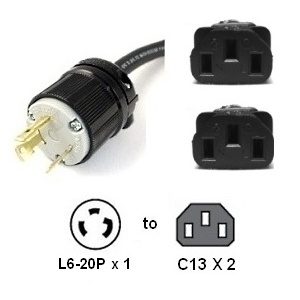 L6-20P to 2x C13 Y Splitter Power Cord- 10 Feet