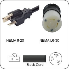 Plug Adapter NEMA 6-20 Plug to L6-30 Connector 1 Foot Cord