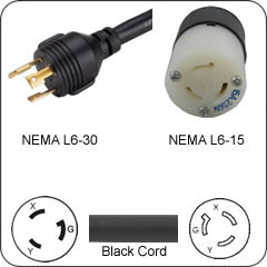 Plug Adapter NEMA L6-30 Plug to L6-15 Connector 1 Foot Cord
