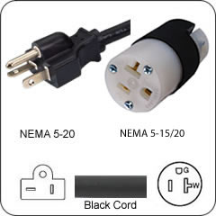 Plug Adapter NEMA 5-20 Plug to 5-15/20 Connector 1 Foot Cord