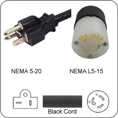 Plug Adapter NEMA 5-20 Plug to L5-15 Connector 1 Foot Cord