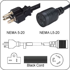 Plug Adapter NEMA 5-20 Plug to L5-20 Connector 1 Foot Cord