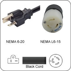 Plug Adapter NEMA 6-20 Plug to L6-15 Connector 1 Foot Cord