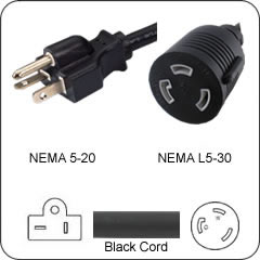Plug Adapter NEMA 5-20 Plug to L5-30 Connector 1 Foot Cord
