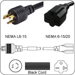 Plug Adapter NEMA L6-15 Plug to 6-15/20 Connector 1 Foot Cord