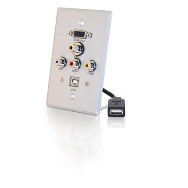 Single Gang HD15 + 3.5mm + RCA A/V + USB Wall Plate - Brushed Aluminum