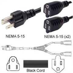 Splitter Power Cord NEMA 5-15 Plug to 2 Way NEMA 5-15 Connector 14 Inches 15a