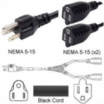 Splitter Power Cord NEMA 5-15 Plug to 2 Way NEMA 5-15 Connector 14 Inches 15a