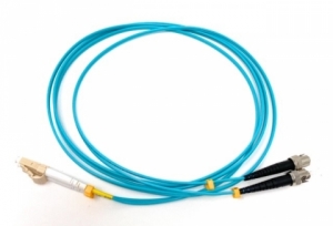 LC-ST 3 Meter OM4 Duplex Aqua Jacket Fiber Optic Cable- 50 micron 850nm Laser Optimized