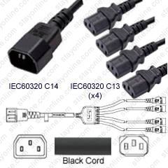 C14 to 4x C13 PDU Splitter Power Cord- 15 Amp 10 Feet