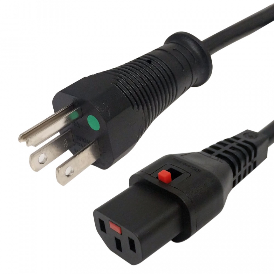 Hospital Grade Locking Power Cord 6 Feet C13 TO 5-15P 10Amp/18AWG Green Dot Black Jacket