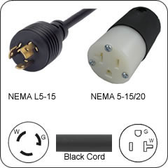 Plug Adapter NEMA L5-15 Plug to 5-15/20 Connector 1 Foot Cord