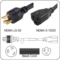 Plug Adapter NEMA L5-30 Plug to 5-15/20 Connector 1 Foot Cord