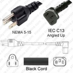 NEMA 5-15 Male Plug to IEC320 C13 Connector Angled Up 2.5 meters / 8 feet 15a/125v 14/3 SJT Black -