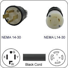 Plug Adapter NEMA 14-30 Plug to L14-30 Connector 1 Foot Cord
