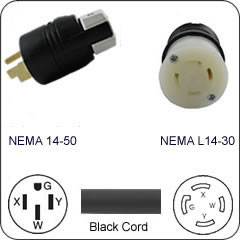 Plug Adapter NEMA 14-50 Plug to L14-30 Connector 1 Foot Cord