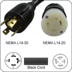 Plug Adapter NEMA L14-30 Plug to L14-20 Connector 1 Foot Cord