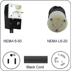 Plug Adapter NEMA 6-50 Plug to L6-20 Connector 1 Foot Cord