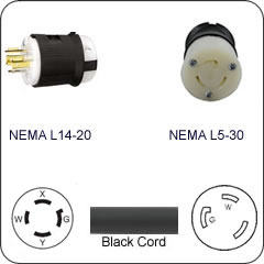 Plug Adapter NEMA L14-20 Plug to L5-30 Connector 1 Foot Cord