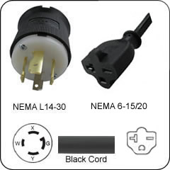 Plug Adapter NEMA L14-30 Plug to 6-15/20 Connector 1 Foot Cord