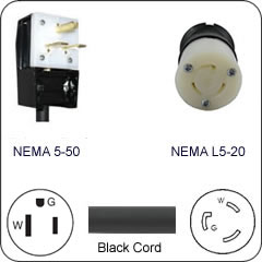 Plug Adapter NEMA 5-50 Down Plug to L5-20 Connector 1 Foot Cord