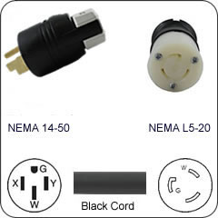 Plug Adapter NEMA 14-50 Plug to L5-20 Connector 1 Foot Cord