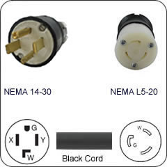 Plug Adapter NEMA 14-30 Plug to L5-20 Connector 1 Foot Cord