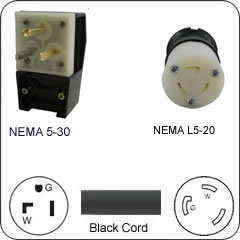 Plug Adapter NEMA 5-30 Plug to L5-20 Connector 1 Foot Cord