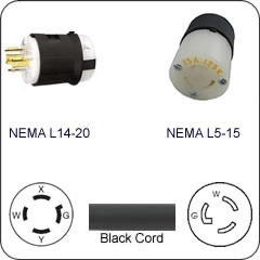 Plug Adapter NEMA L14-20 Plug to L5-15 Connector 1 Foot Cord