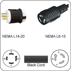 Plug Adapter NEMA L14-20 Plug to L6-15 Connector 1 Foot Cord