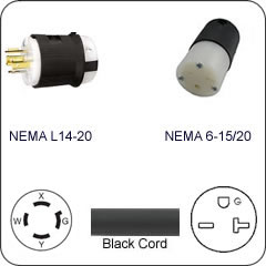 Plug Adapter NEMA L14-20 Plug to 6-15/20 Connector 1 Foot Cord