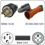 Plug Adapter NEMA 14-30 Plug to 430C12W Connector 1 Foot Cord