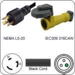 Plug Adapter NEMA L5-20 Plug to 316C4W Connector 1 Foot Cord