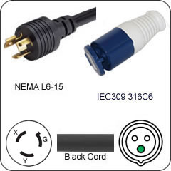 Plug Adapter NEMA L6-15 Plug to 316C6 Connector 1 Foot Cord