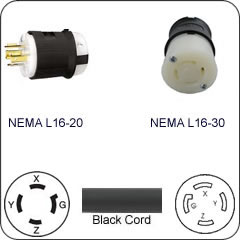 Plug Adapter NEMA L16-20 Plug to L16-30 Connector 1 Foot Cord