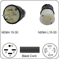 Plug Adapter NEMA 15-30 Plug to L15-30 Connector 1 Foot Cord